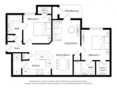a floor plan of a bedroom apartment with a living room and a dining room